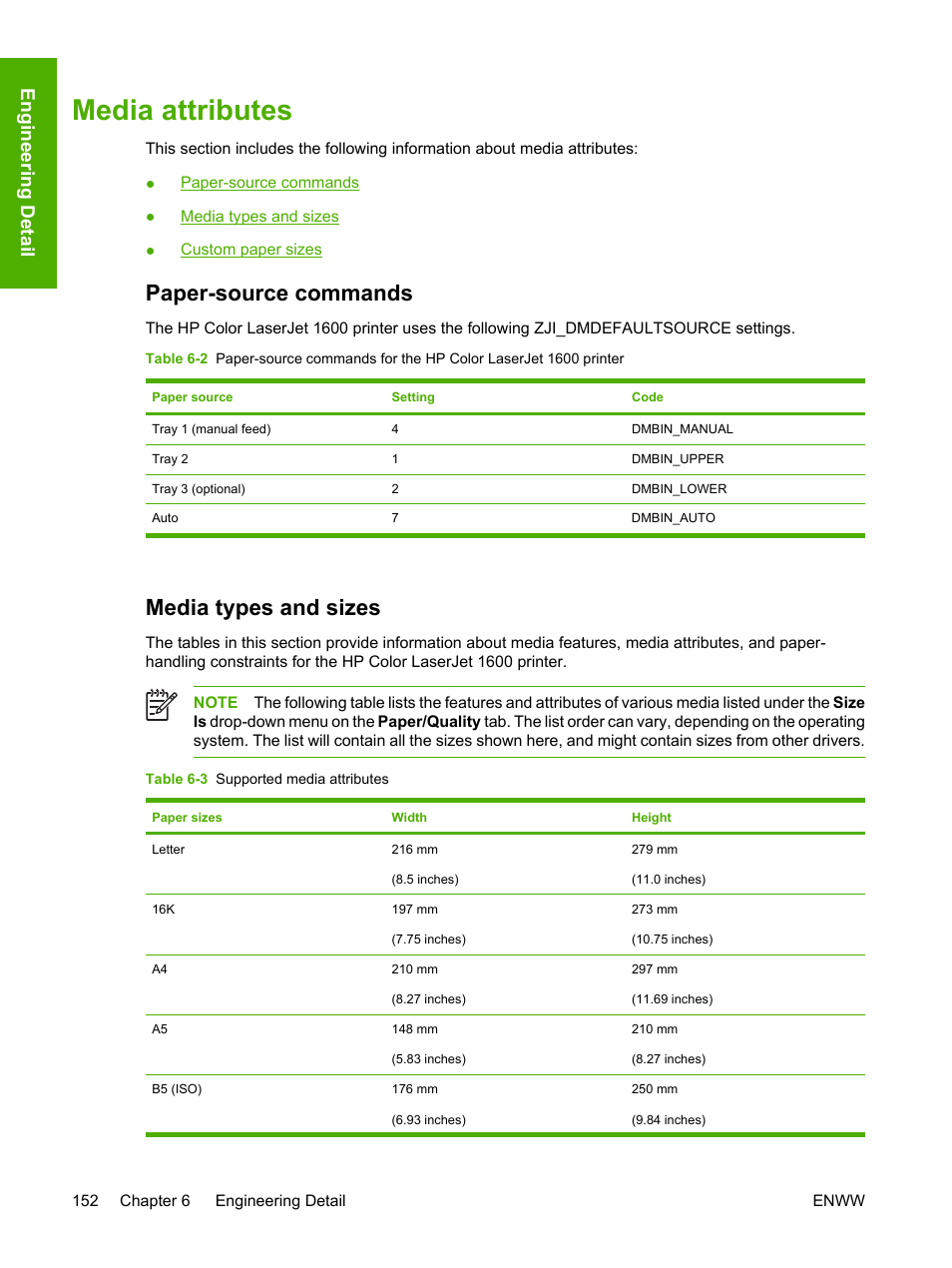 Media attributes, Paper-source commands, Media types and sizes | Paper-source commands media types and sizes, Table 6-3 supported media attributes, Section of this guide, Ces, see, Engineering detail | HP 1600 User Manual | Page 166 / 184