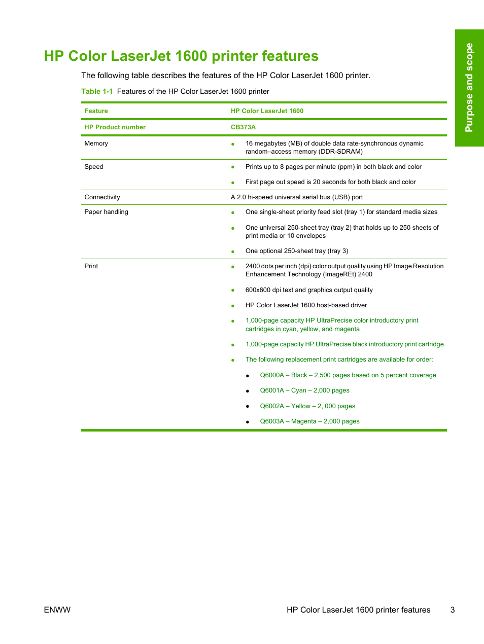 Hp color laserjet 1600 printer features, Purpo se an d sco pe | HP 1600 User Manual | Page 17 / 184