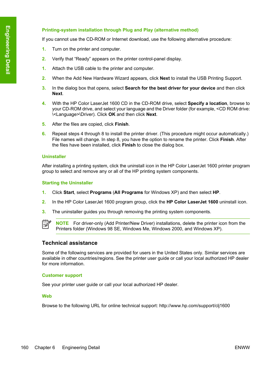 Uninstaller, Technical assistance, Customer support | Customer support web | HP 1600 User Manual | Page 174 / 184