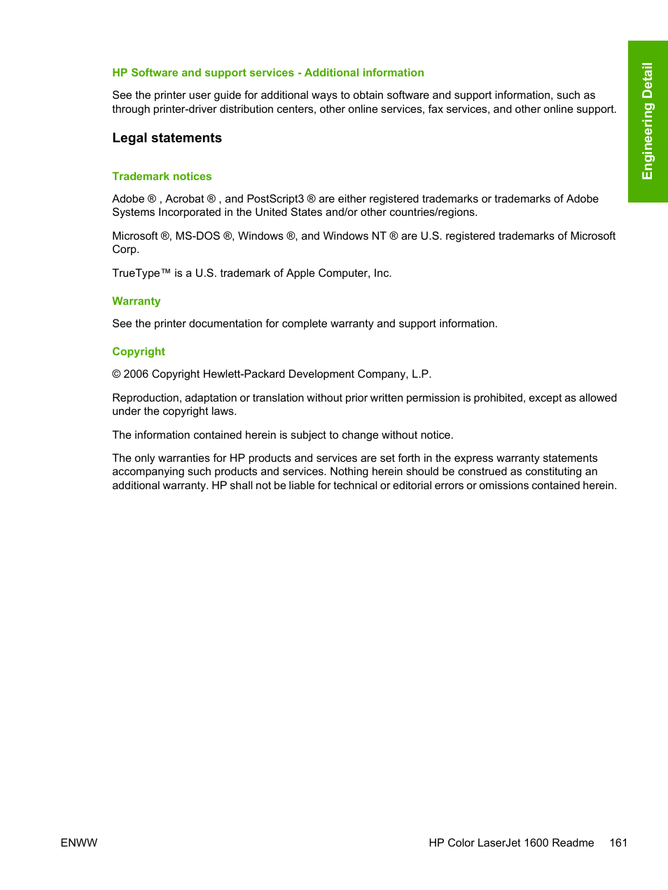 Legal statements, Trademark notices, Warranty | Copyright, Trademark notices warranty copyright | HP 1600 User Manual | Page 175 / 184