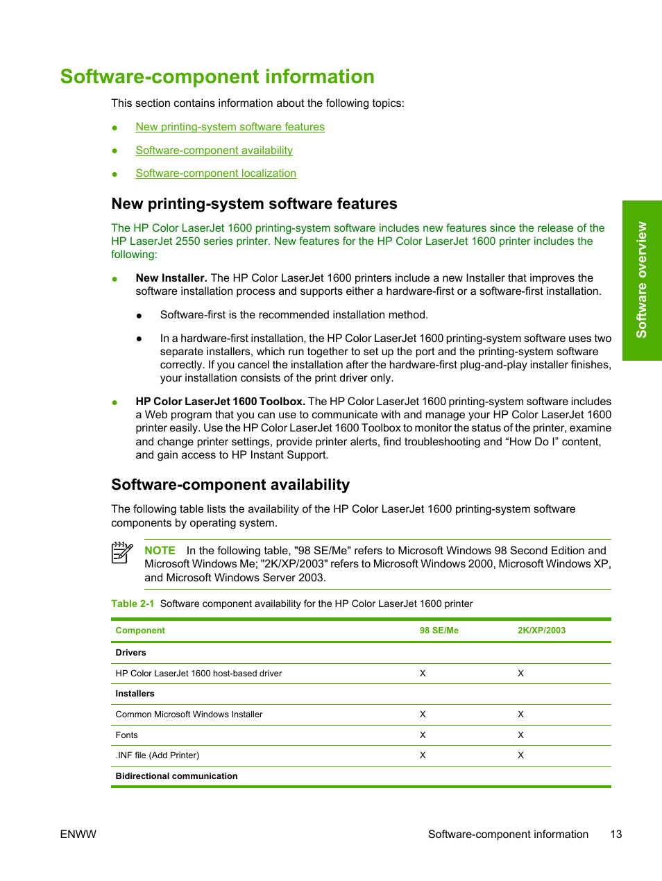 Software-component information, New printing-system software features, Software-component availability | Software o verview | HP 1600 User Manual | Page 27 / 184