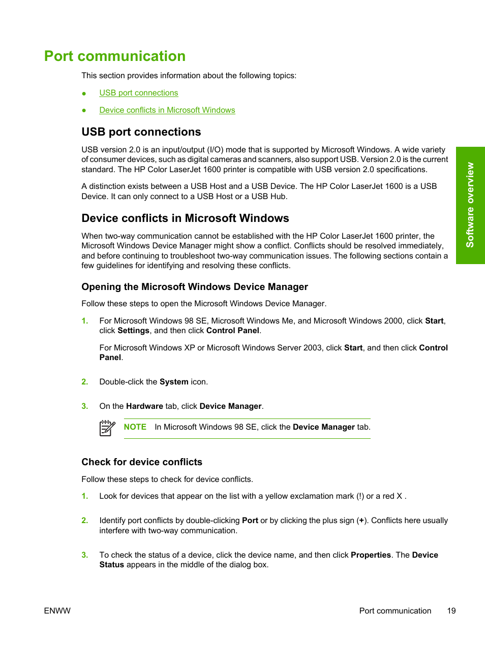 Port communication, Usb port connections, Device conflicts in microsoft windows | Opening the microsoft windows device manager, Check for device conflicts | HP 1600 User Manual | Page 33 / 184