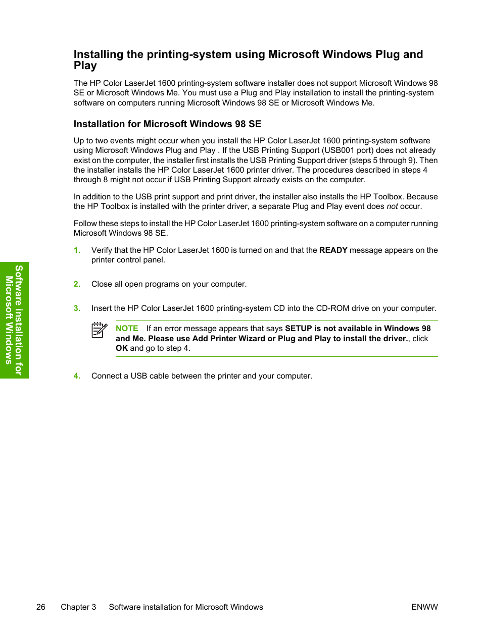 Installation for microsoft windows 98 se | HP 1600 User Manual | Page 40 / 184