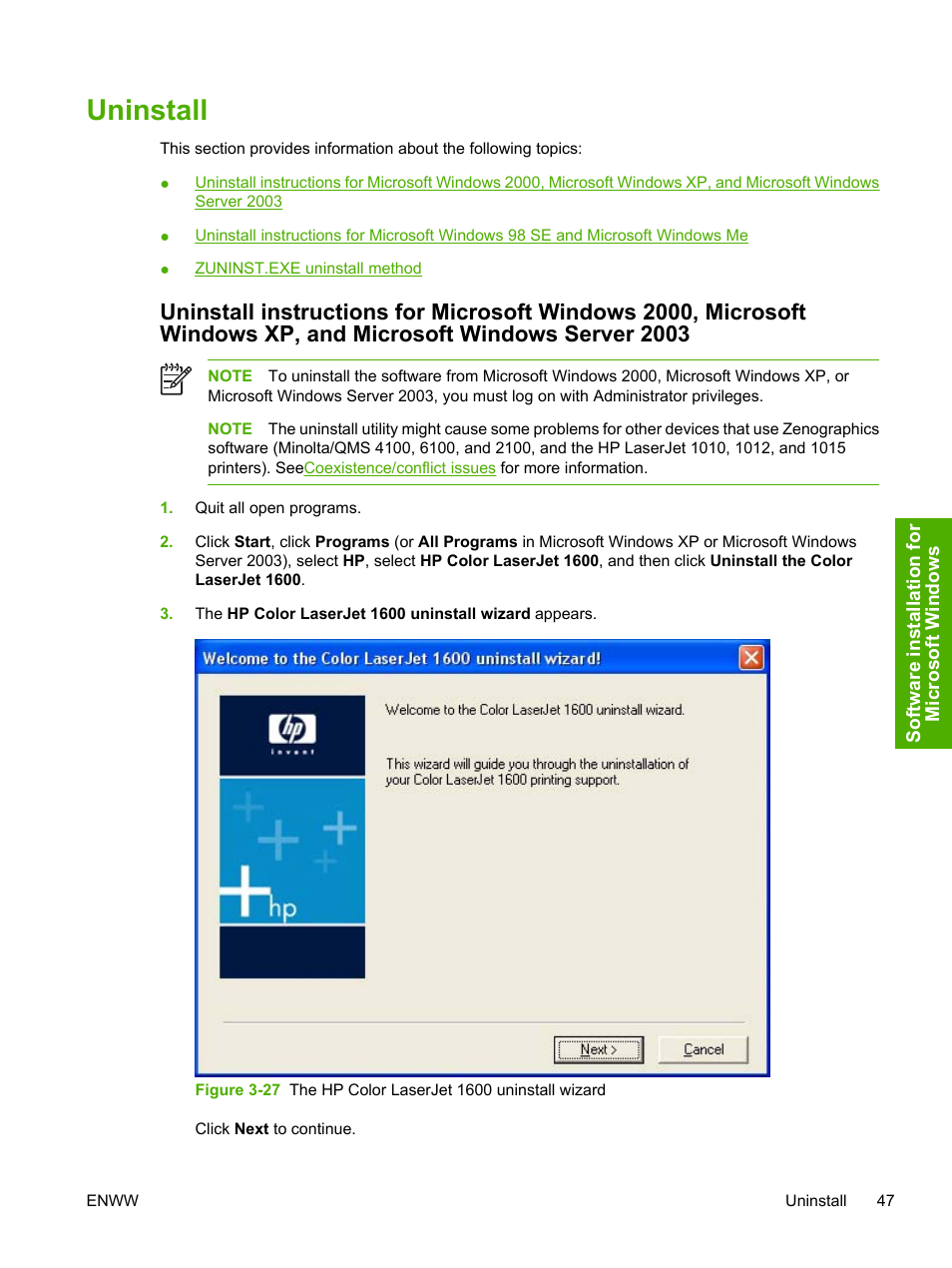 Uninstall | HP 1600 User Manual | Page 61 / 184