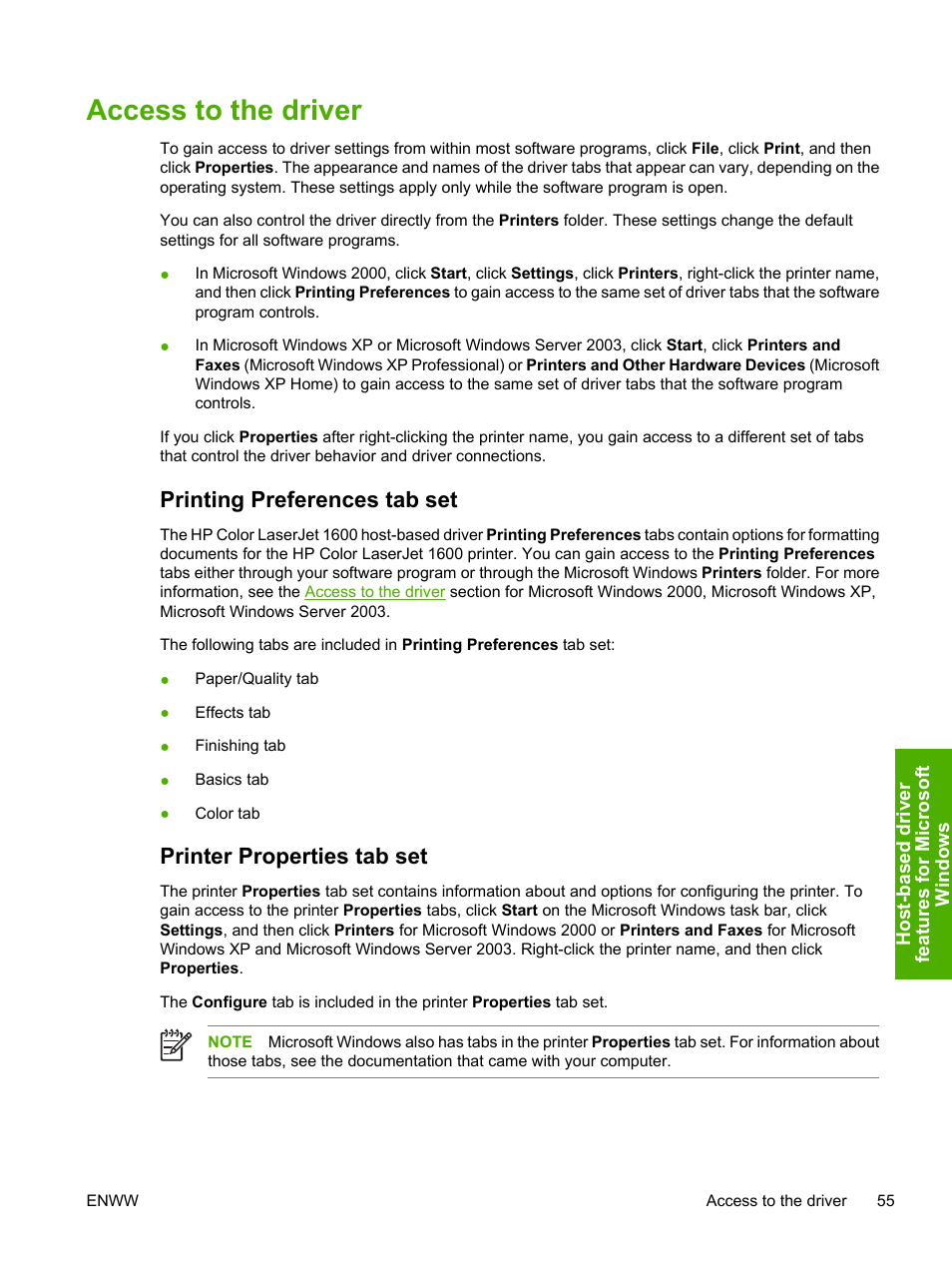 Access to the driver, Printing preferences tab set, Printer properties tab set | HP 1600 User Manual | Page 69 / 184