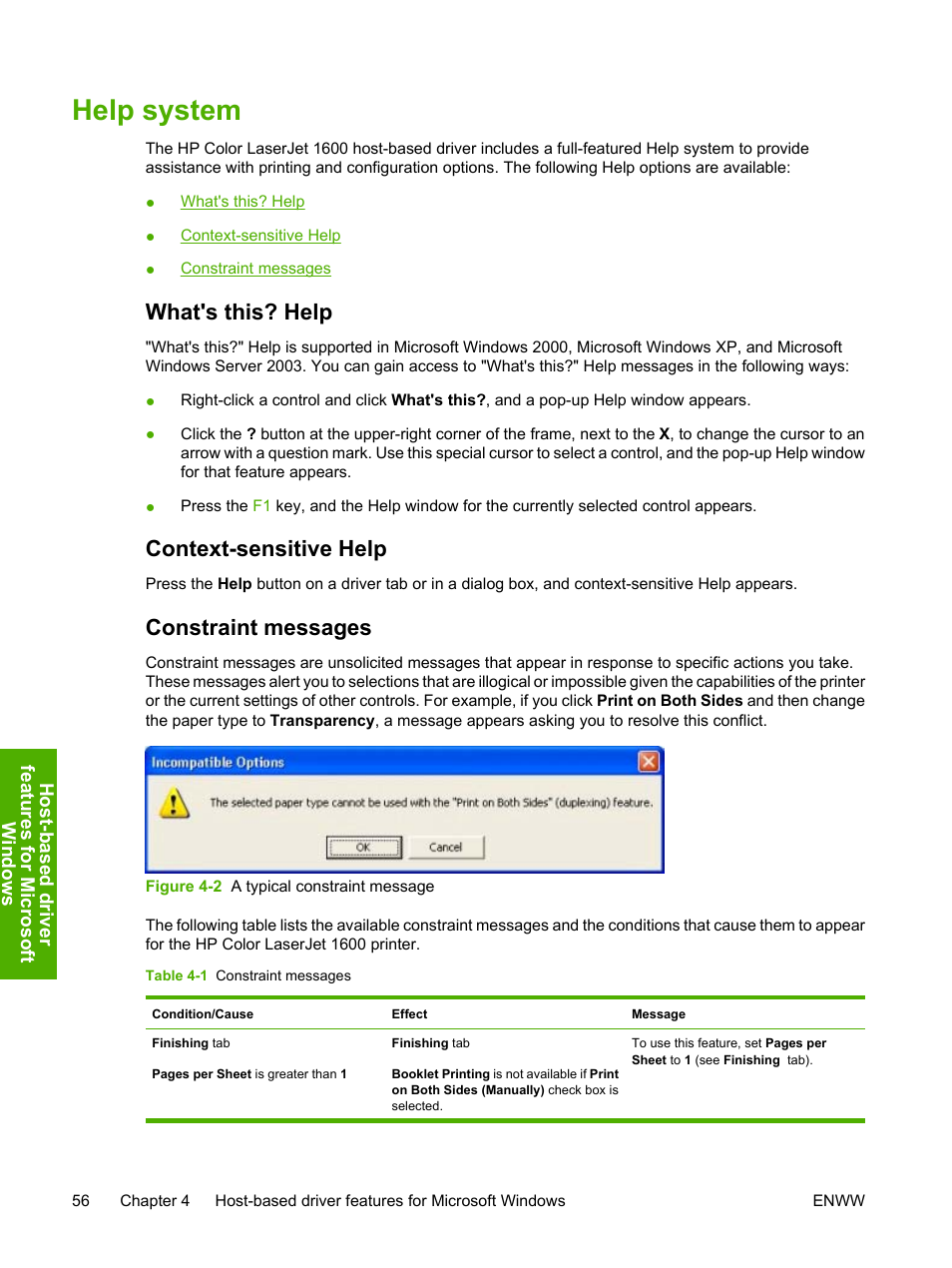 Help system, What's this? help, Context-sensitive help | Constraint messages, Table 4-1 constraint messages, Figure 4-2 a typical constraint message | HP 1600 User Manual | Page 70 / 184