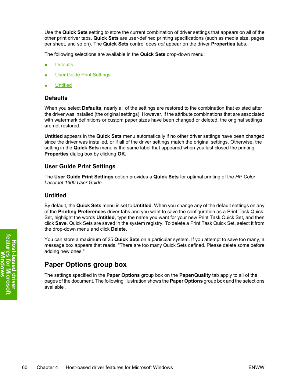 Defaults, User guide print settings, Untitled | Paper options group box, Defaults user guide print settings untitled | HP 1600 User Manual | Page 74 / 184