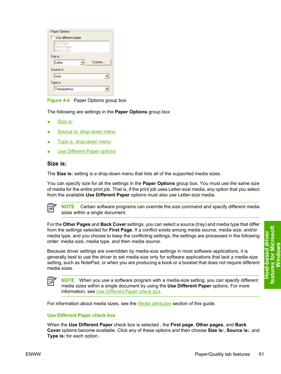 Size is, Use different paper check box, Figure 4-4 paper options group box | HP 1600 User Manual | Page 75 / 184