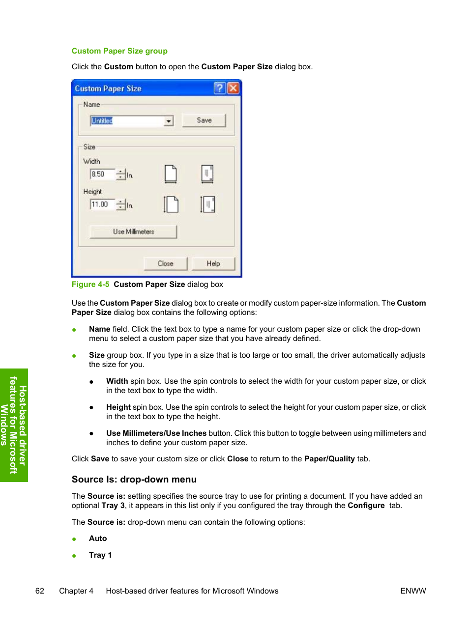 Custom paper size group, Source is: drop-down menu, Figure 4-5 custom paper size dialog box | HP 1600 User Manual | Page 76 / 184