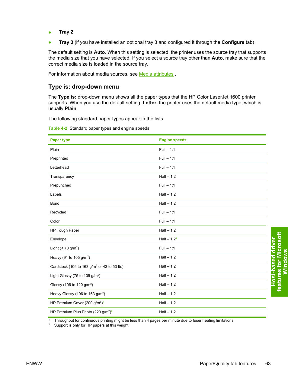 Type is: drop-down menu, Table 4-2 standard paper types and engine speeds | HP 1600 User Manual | Page 77 / 184