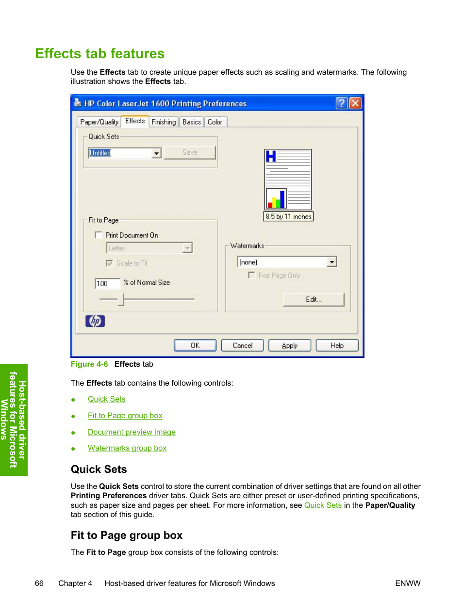 Effects tab features, Quick sets, Figure 4-6 effects tab | Fit to page group box | HP 1600 User Manual | Page 80 / 184