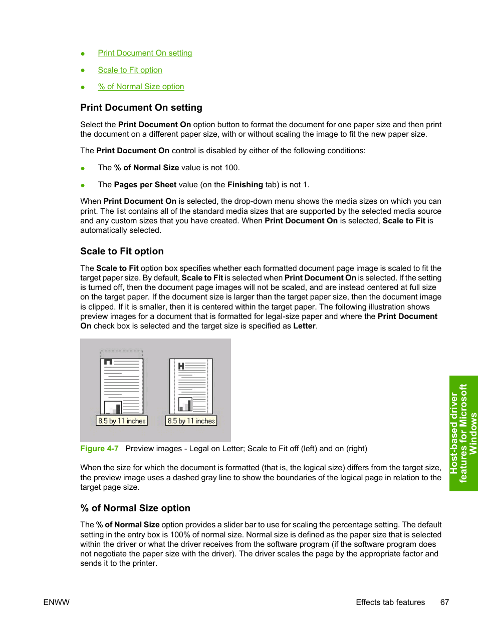 Print document on setting, Scale to fit option, Of normal size option | HP 1600 User Manual | Page 81 / 184