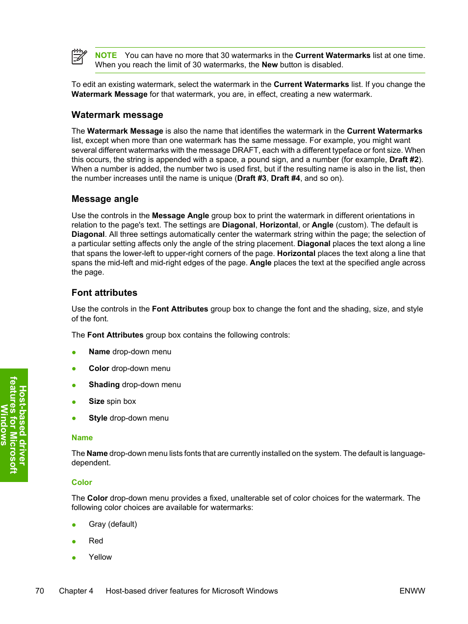 Watermark message, Message angle, Font attributes | Name, Color, Watermark message message angle font attributes, Name color | HP 1600 User Manual | Page 84 / 184