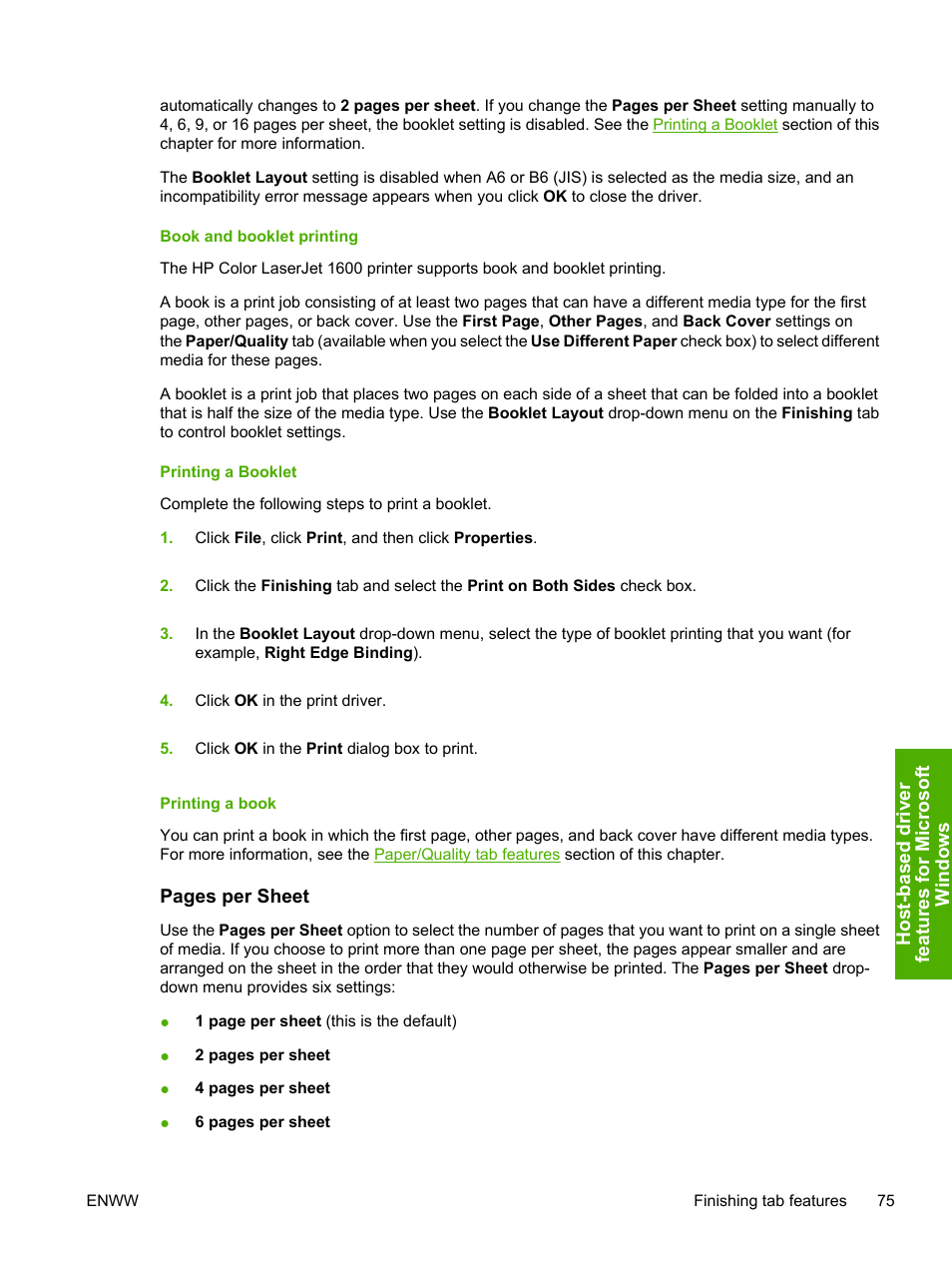 Book and booklet printing, Printing a booklet, Printing a book | HP 1600 User Manual | Page 89 / 184