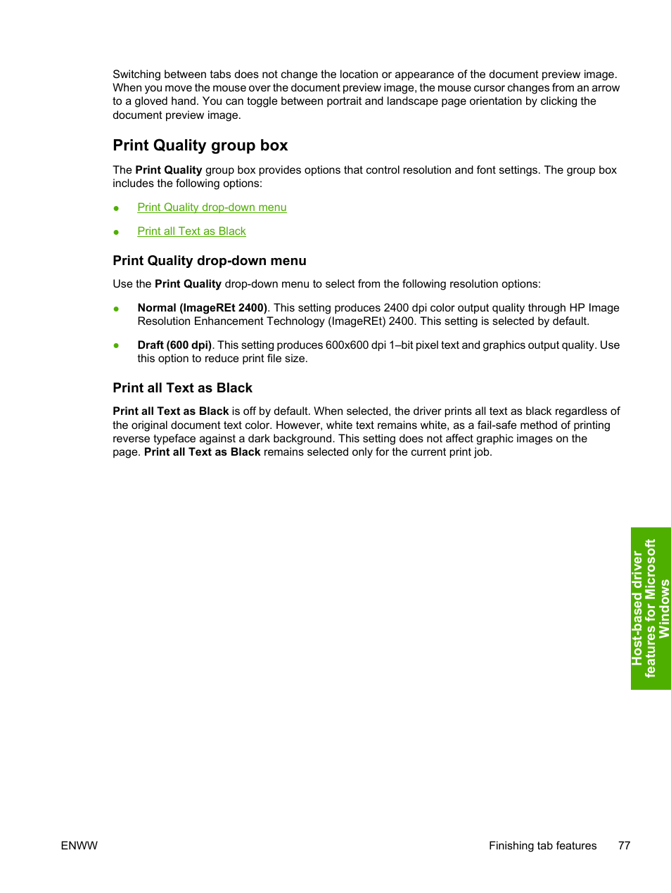 Print quality group box, Print quality drop-down menu, Print all text as black | HP 1600 User Manual | Page 91 / 184