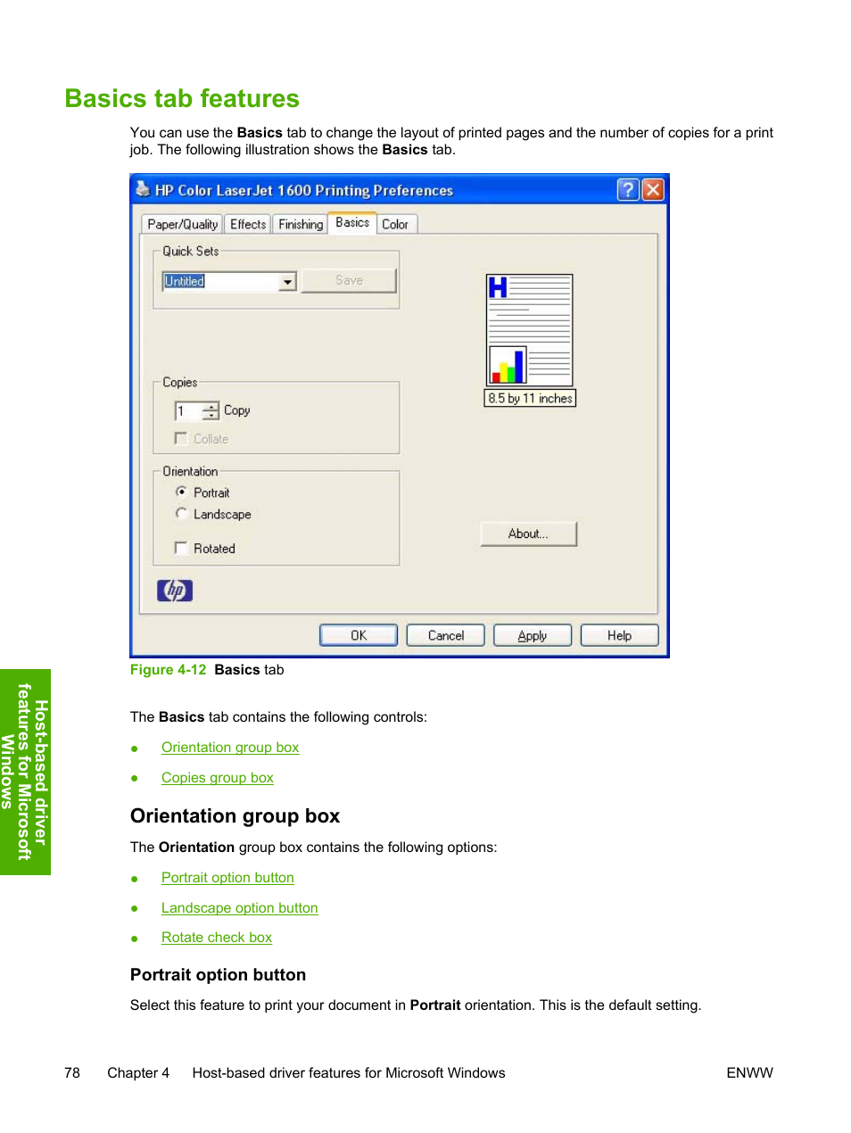 Basics tab features, Orientation group box, Portrait option button | Figure 4-12 basics tab | HP 1600 User Manual | Page 92 / 184