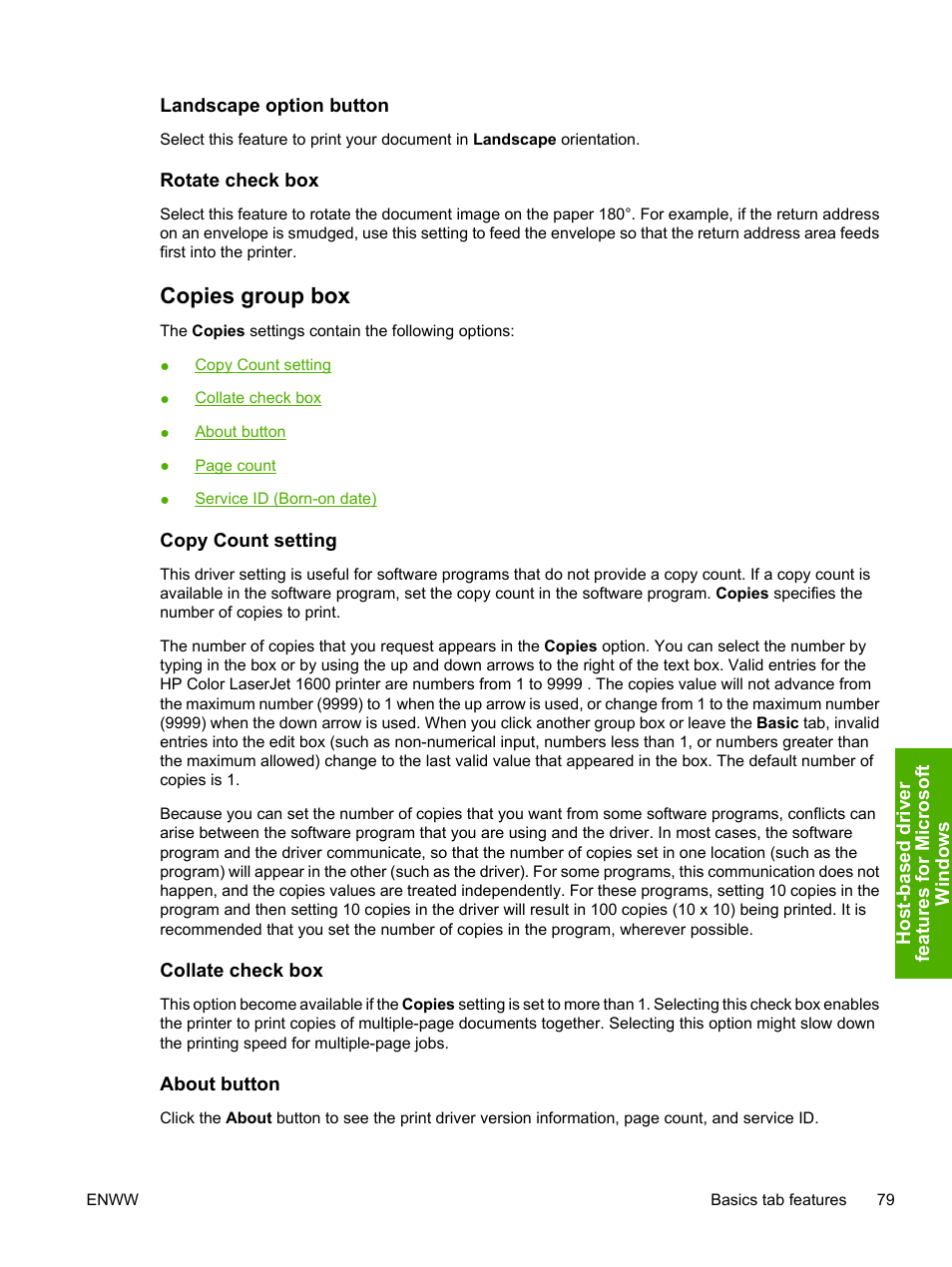 Landscape option button, Rotate check box, Copies group box | Copy count setting, Collate check box, About button, Landscape option button rotate check box, Copy count setting collate check box about button | HP 1600 User Manual | Page 93 / 184