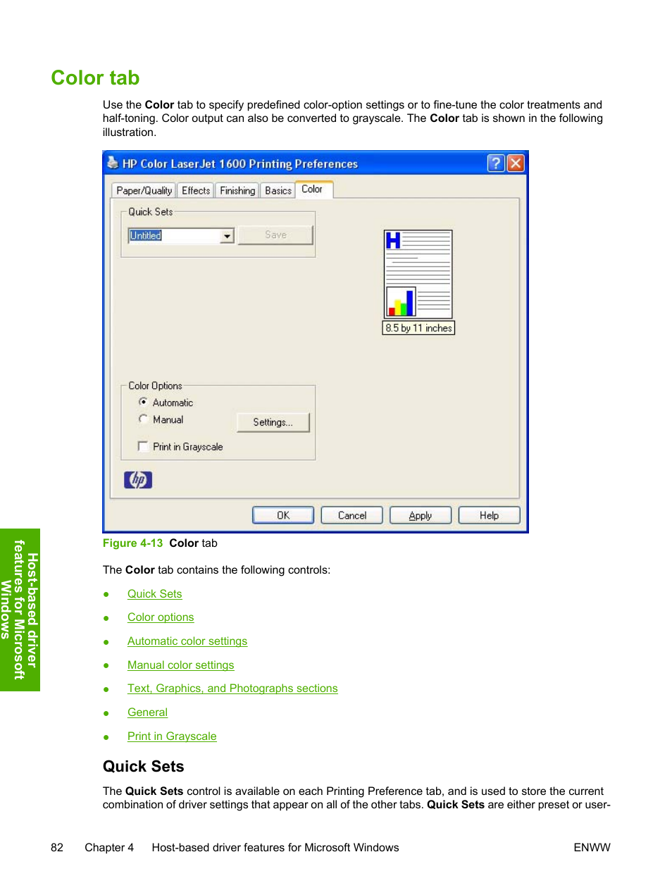 Color tab, Quick sets, Figure 4-13 color tab | HP 1600 User Manual | Page 96 / 184