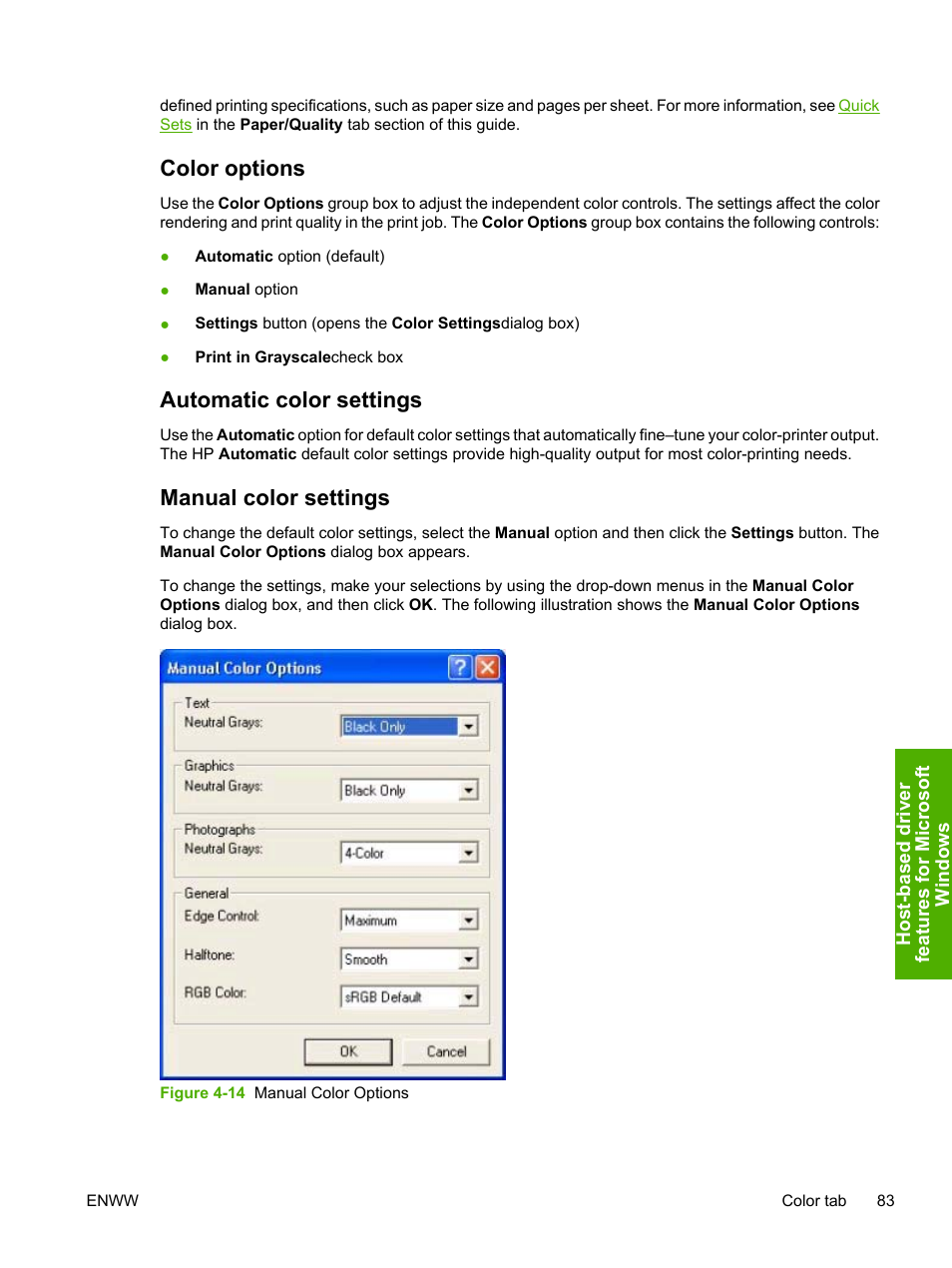 Color options, Automatic color settings, Manual color settings | Figure 4-14 manual color options | HP 1600 User Manual | Page 97 / 184