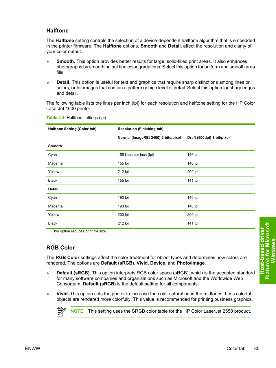 Halftone, Rgb color, Halftone rgb color | Table 4-4 halftone settings (lpi) | HP 1600 User Manual | Page 99 / 184