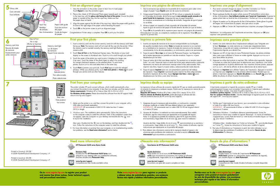 Create save view & print second line second line, Need more information? print your fi rst photo, Print from your computer | Print an alignment page, Necesita más información, Imprima desde su equipo, Besoin de plus d’informations, Imprimez à partir de votre ordinateur, Imprimez votre première photo, Imprimez une page d’alignement | HP Photosmart A630 series User Manual | Page 2 / 2