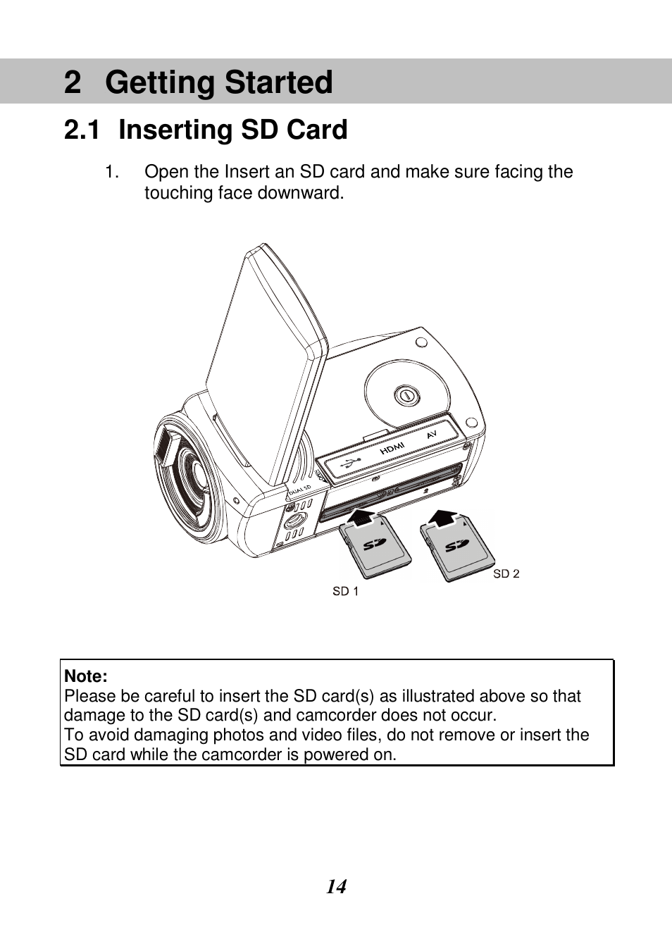 Getting started, Inserting sd card | HP V506AU User Manual | Page 15 / 99