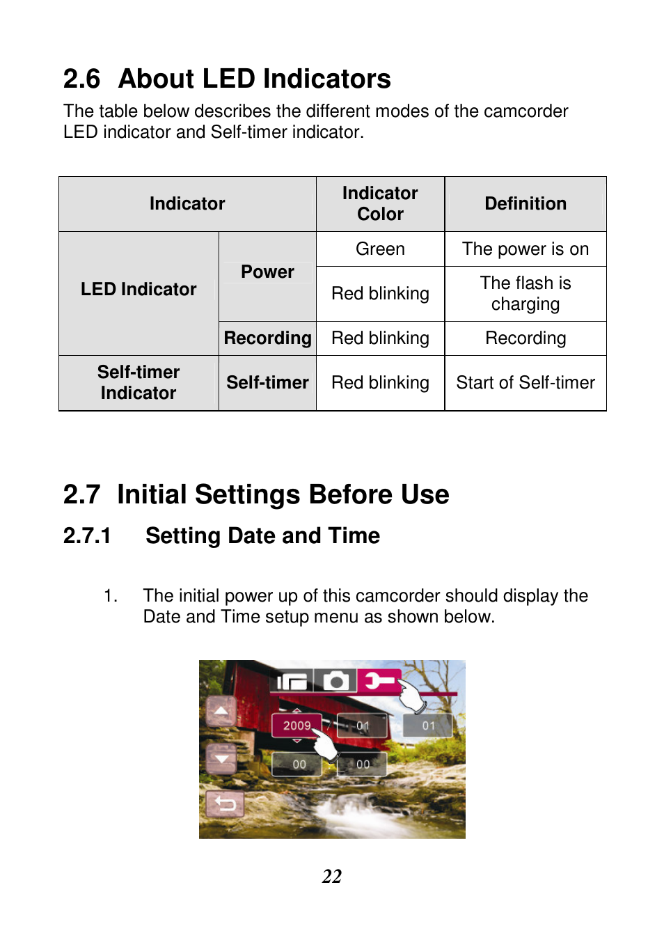 About led indicators, Initial settings before use, Setting date and time | HP V506AU User Manual | Page 23 / 99