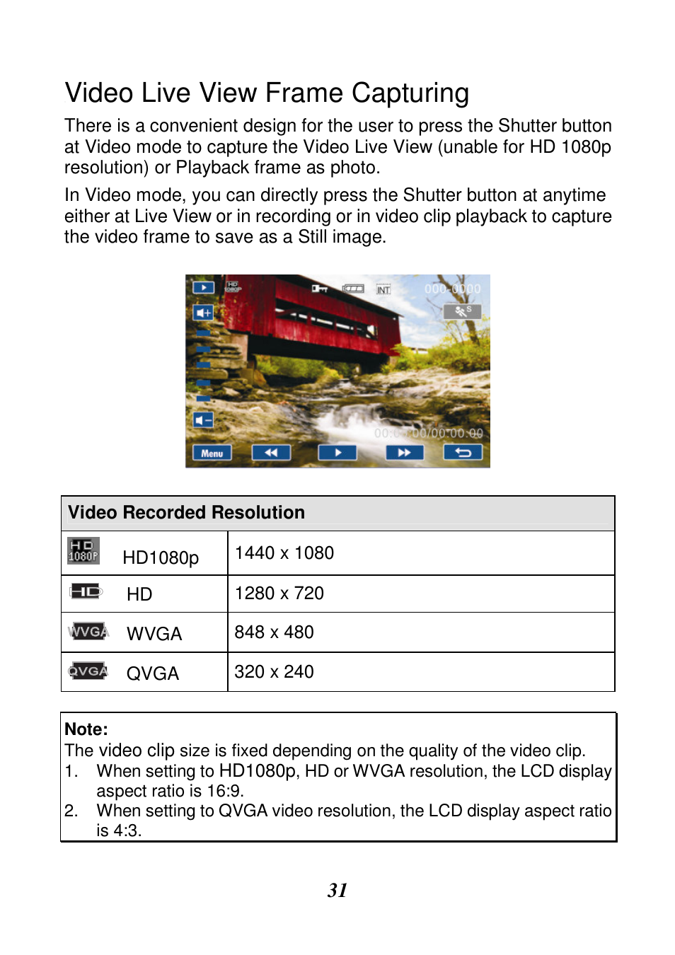 Video live view frame capturing, Video recorded resolution, Hd1080p | Video clip | HP V506AU User Manual | Page 32 / 99