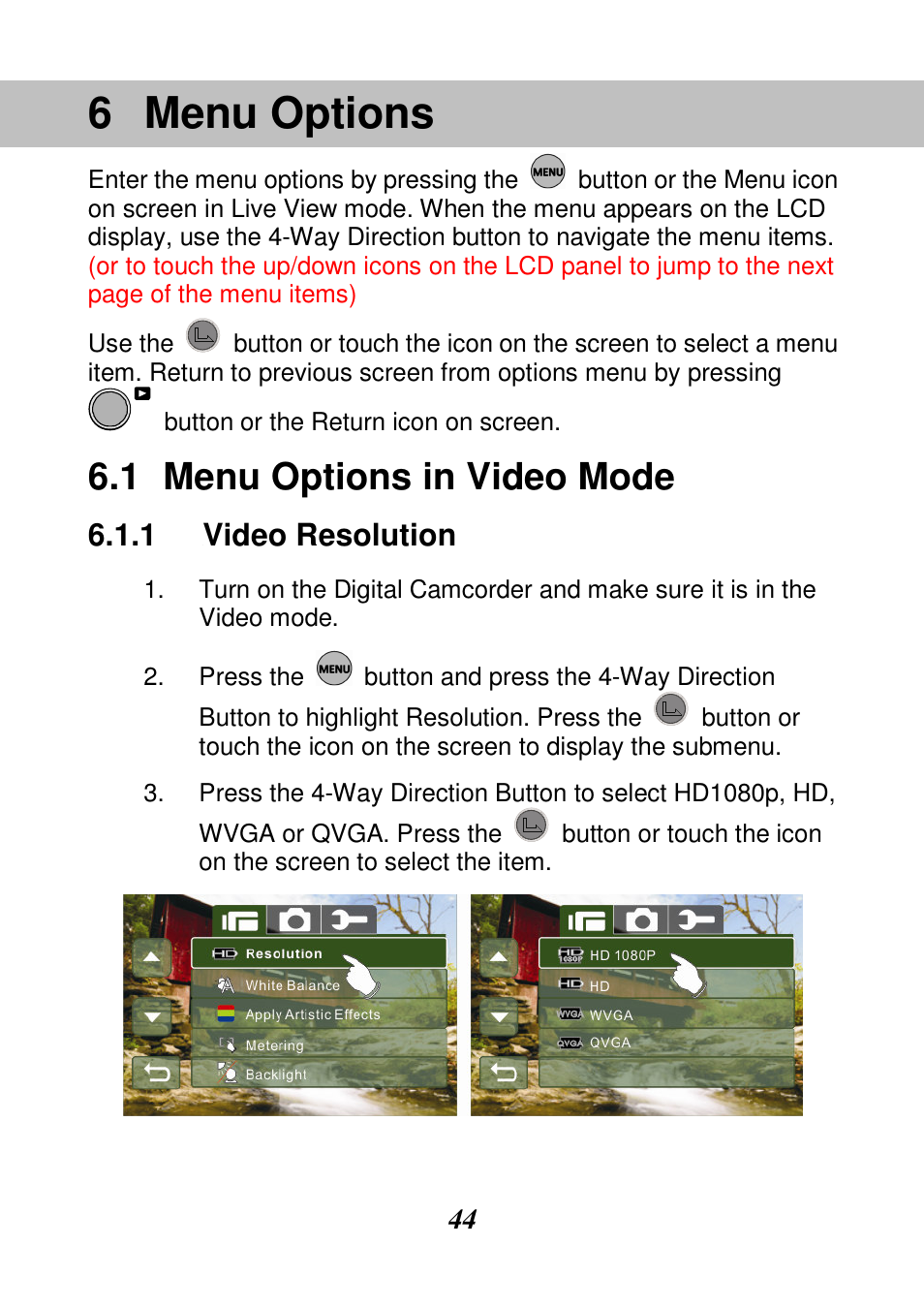 Menu options, Menu options in video mode, Video resolution | HP V506AU User Manual | Page 45 / 99