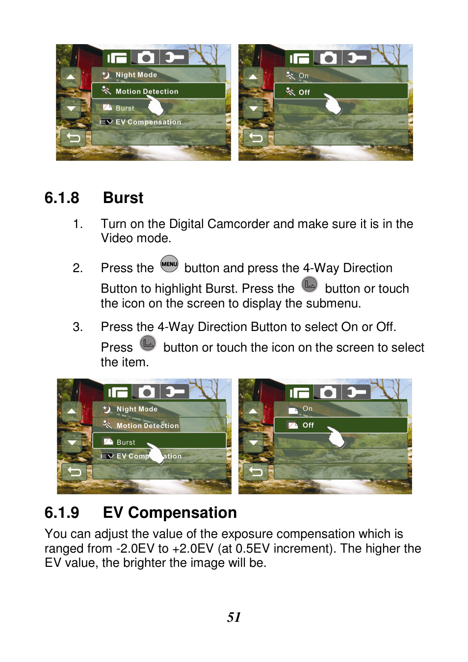 8 burst, Ev compensation | HP V506AU User Manual | Page 52 / 99