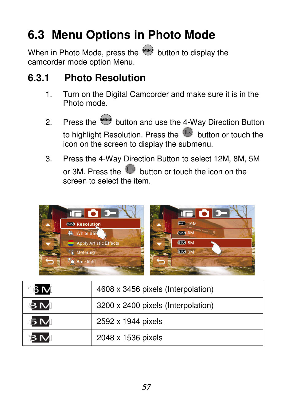 Menu options in photo mode, Photo resolution | HP V506AU User Manual | Page 58 / 99