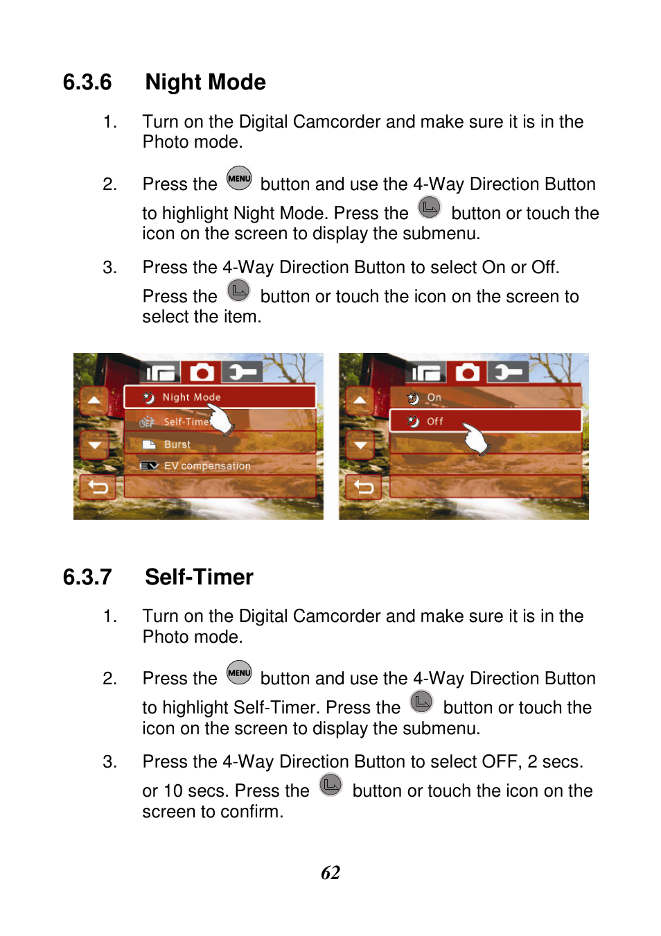 Night mode, Self-timer | HP V506AU User Manual | Page 63 / 99