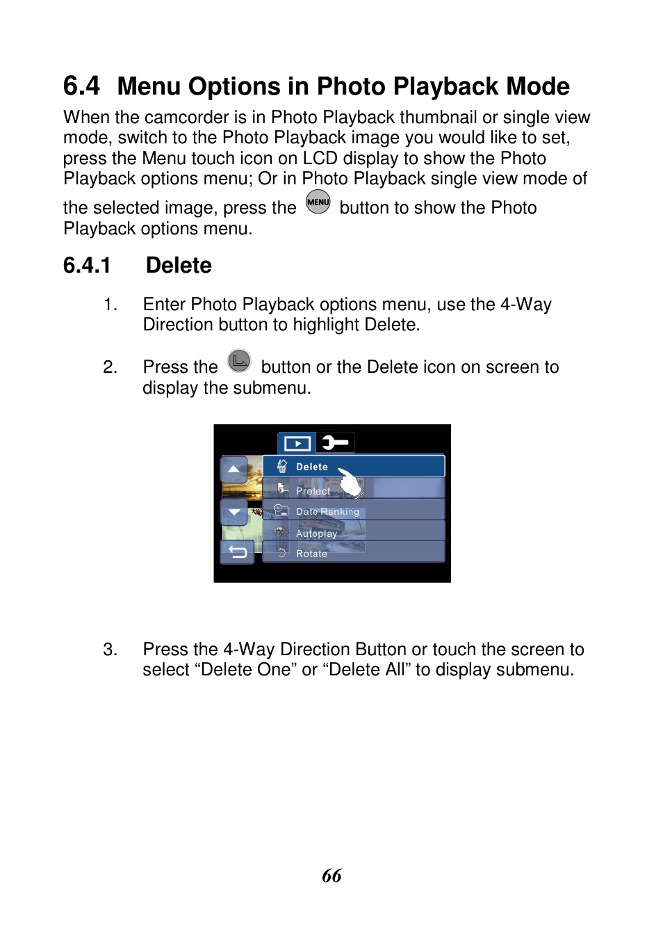 Menu options in photo playback mode, Delete | HP V506AU User Manual | Page 67 / 99
