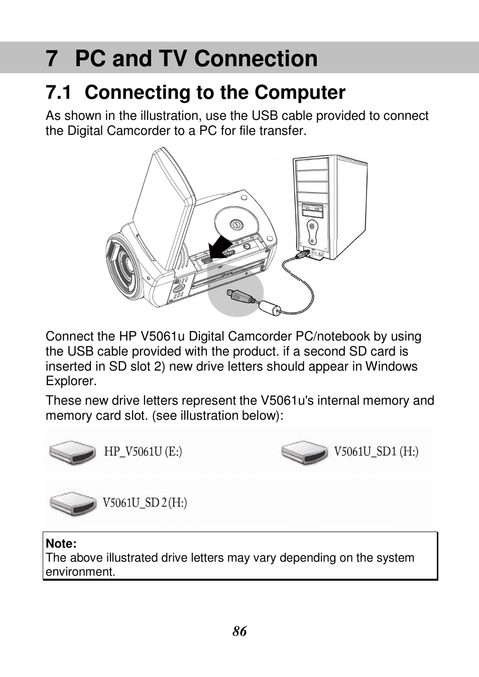 Pc and tv connection, Connecting to the computer | HP V506AU User Manual | Page 87 / 99