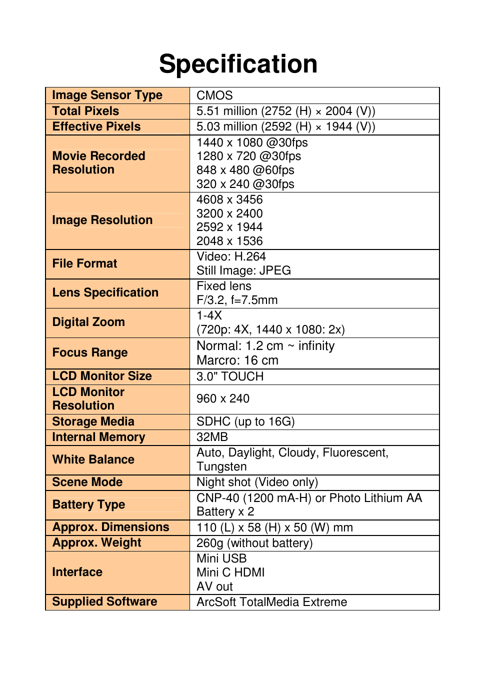 Specification | HP V506AU User Manual | Page 98 / 99