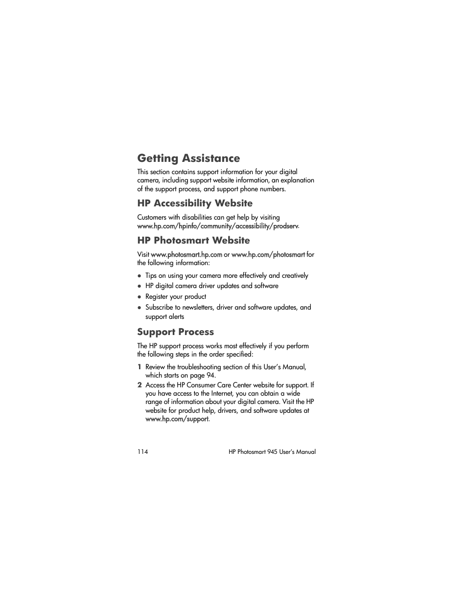 Getting assistance, Hp accessibility website, Hp photosmart website | Support process | HP PhotoSmart 945 User Manual | Page 114 / 150