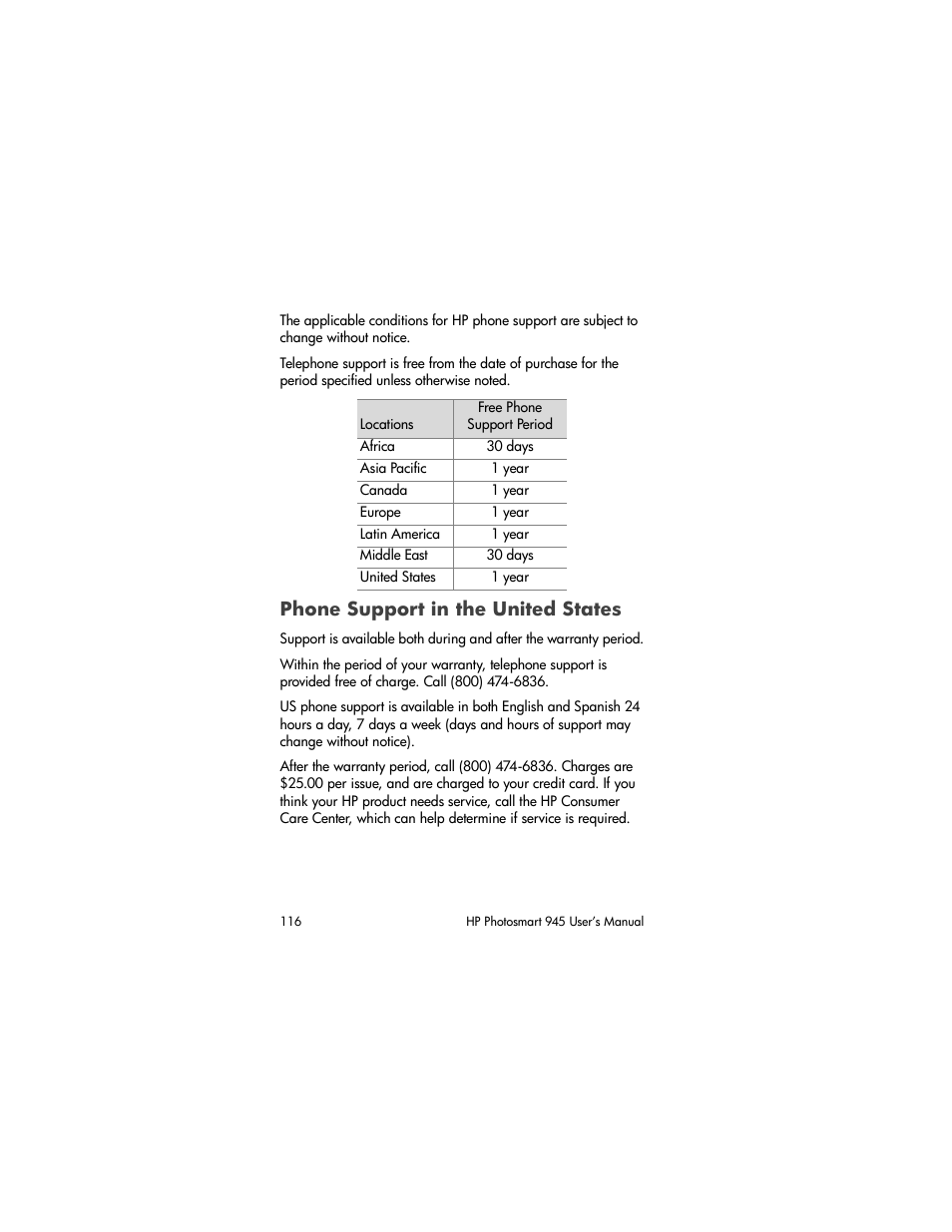 Phone support in the united states | HP PhotoSmart 945 User Manual | Page 116 / 150