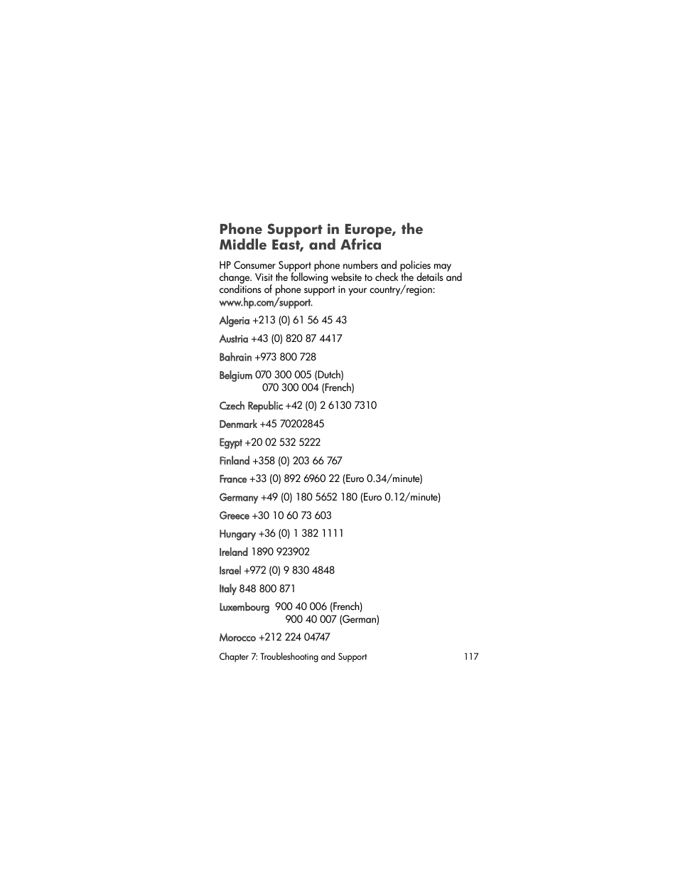 Phone support in europe, the, Middle east, and africa | HP PhotoSmart 945 User Manual | Page 117 / 150