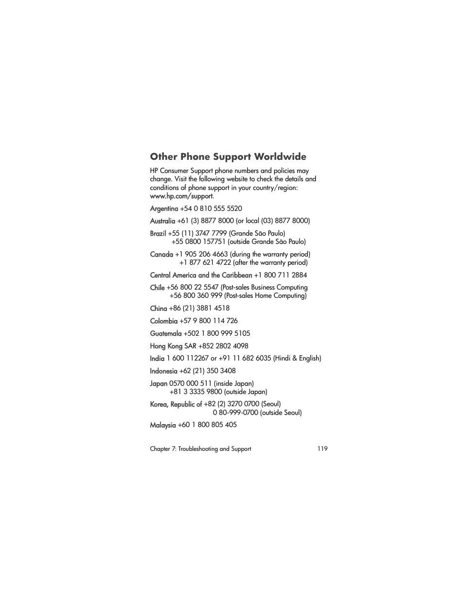 Other phone support worldwide | HP PhotoSmart 945 User Manual | Page 119 / 150