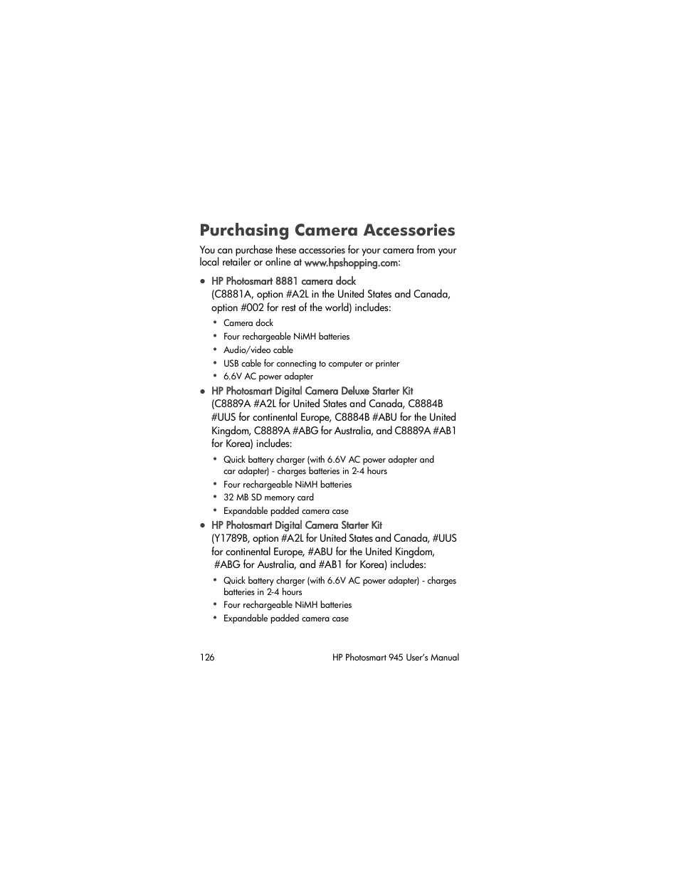 Purchasing camera accessories | HP PhotoSmart 945 User Manual | Page 126 / 150