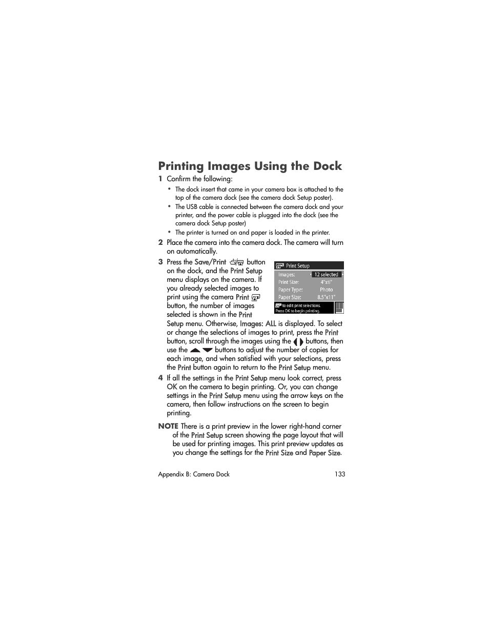Printing images using the dock | HP PhotoSmart 945 User Manual | Page 133 / 150