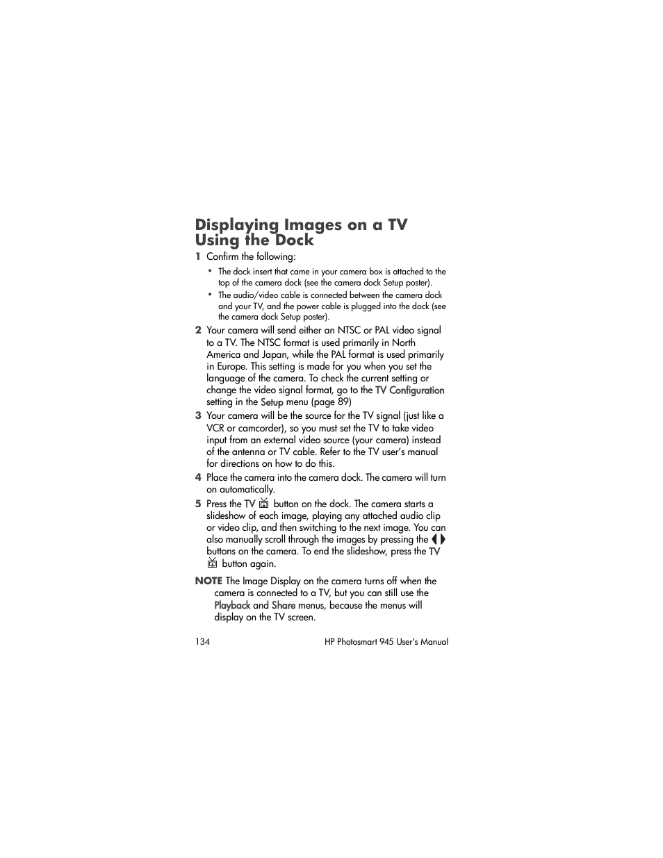 Displaying images on a tv using the dock, Displaying images on a tv, Using the dock | HP PhotoSmart 945 User Manual | Page 134 / 150