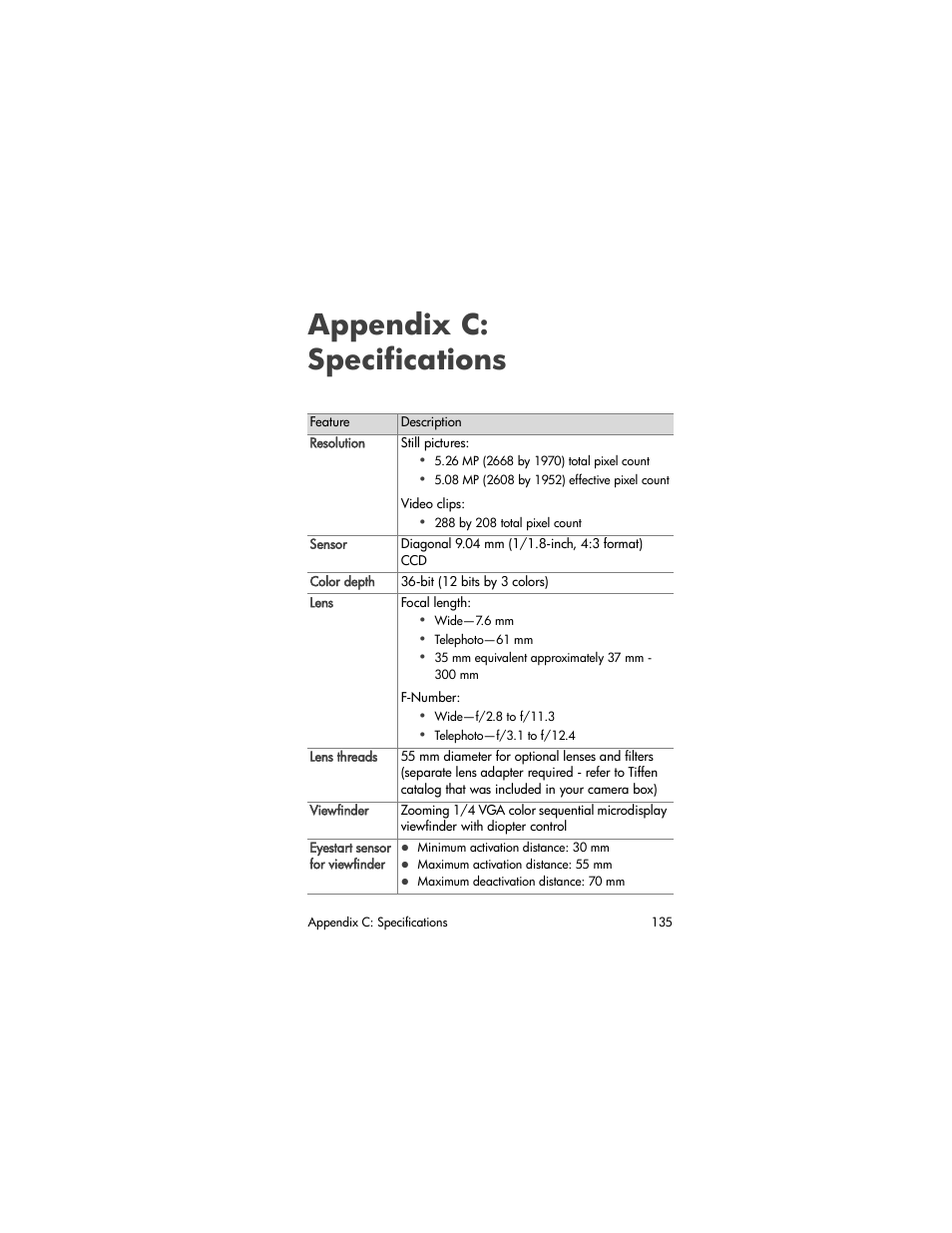 Appendix c: specifications, Appendix c, Specifications | HP PhotoSmart 945 User Manual | Page 135 / 150