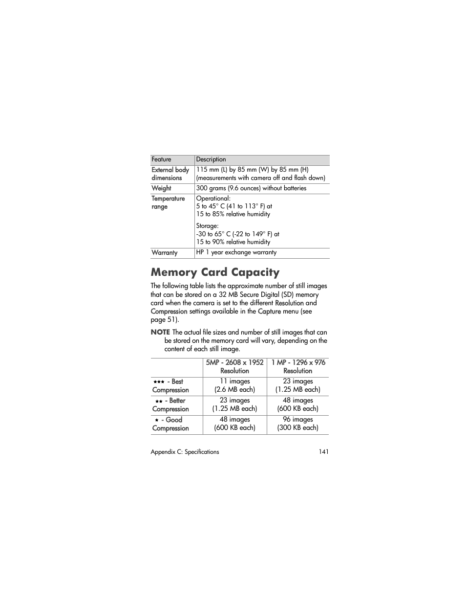 Memory card capacity, Memory card, Capacity | HP PhotoSmart 945 User Manual | Page 141 / 150