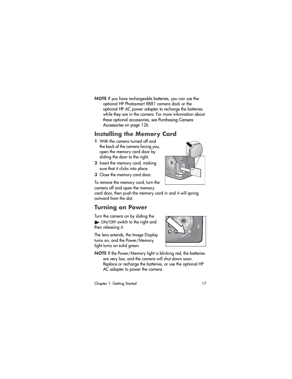 Installing the memory card, Turning on power | HP PhotoSmart 945 User Manual | Page 17 / 150