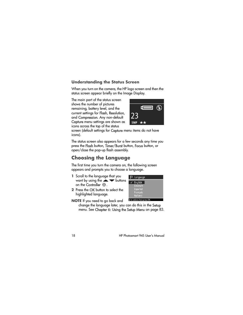 Understanding the status screen, Choosing the language | HP PhotoSmart 945 User Manual | Page 18 / 150