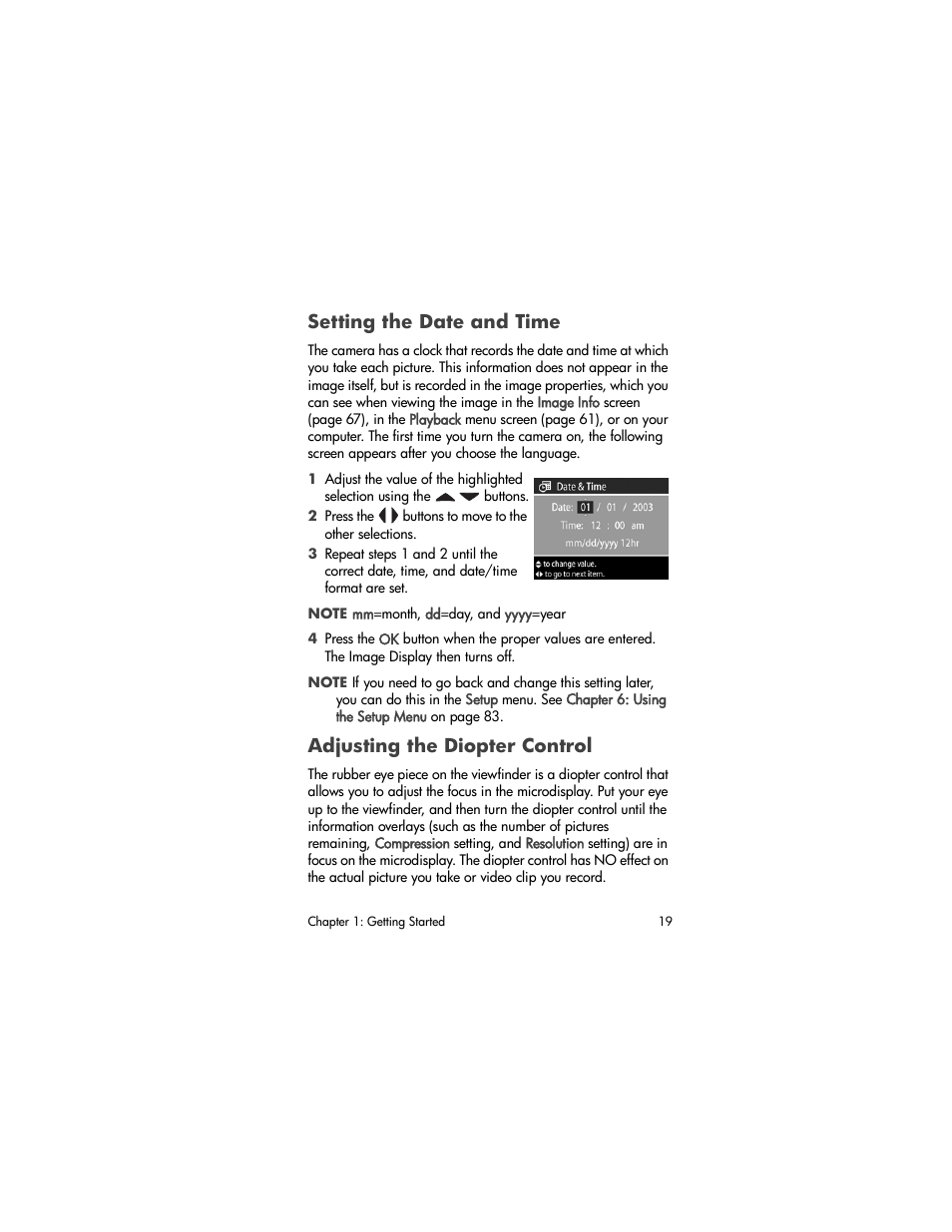 Setting the date and time, Adjusting the diopter control | HP PhotoSmart 945 User Manual | Page 19 / 150