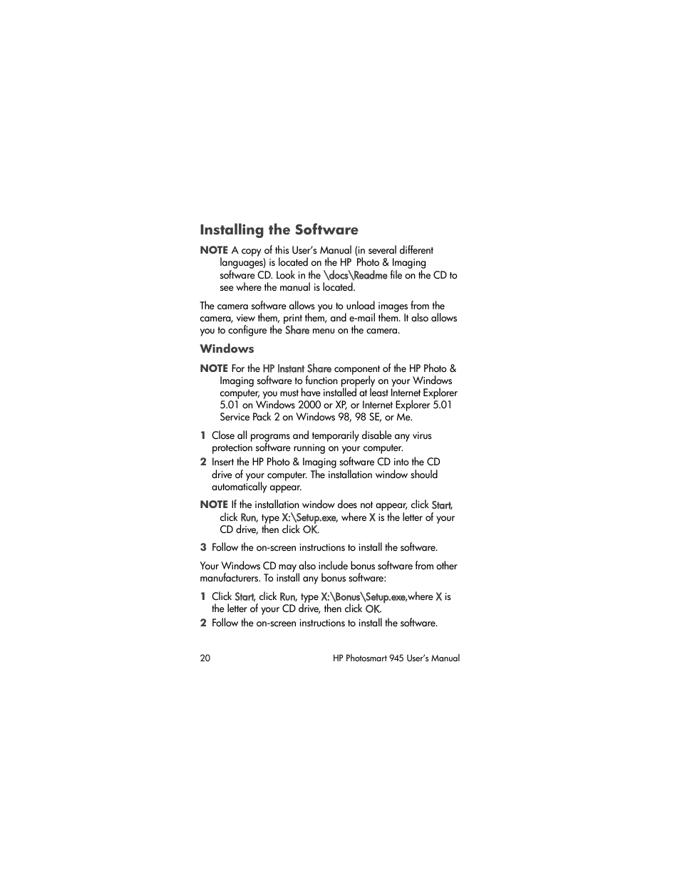 Installing the software, Windows | HP PhotoSmart 945 User Manual | Page 20 / 150