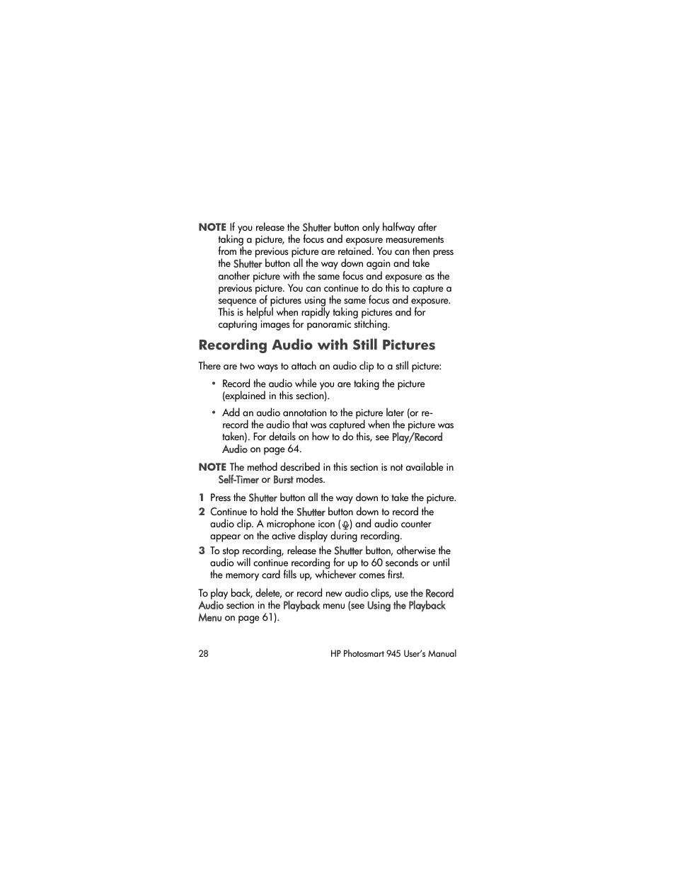 Recording audio with still pictures | HP PhotoSmart 945 User Manual | Page 28 / 150