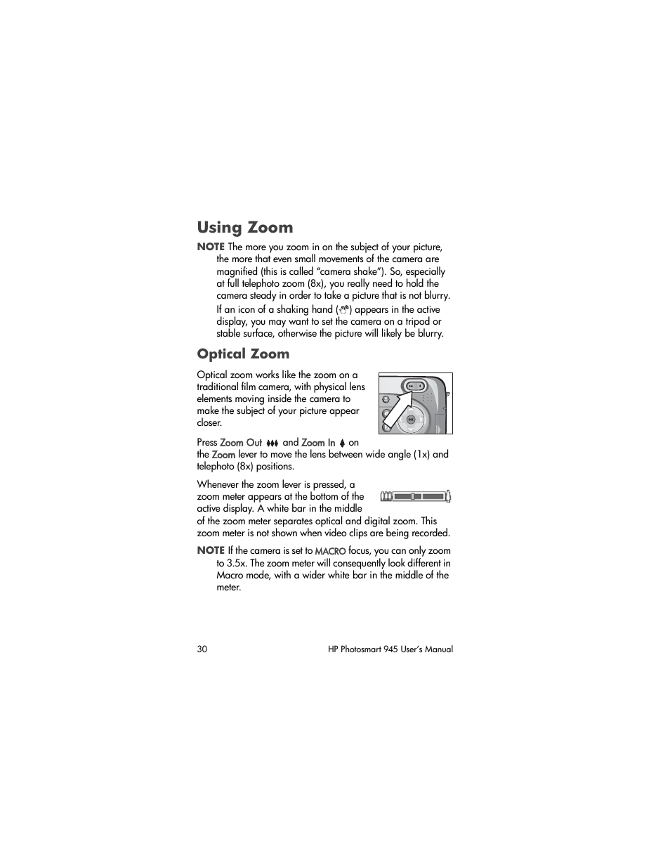 Using zoom, Optical zoom | HP PhotoSmart 945 User Manual | Page 30 / 150